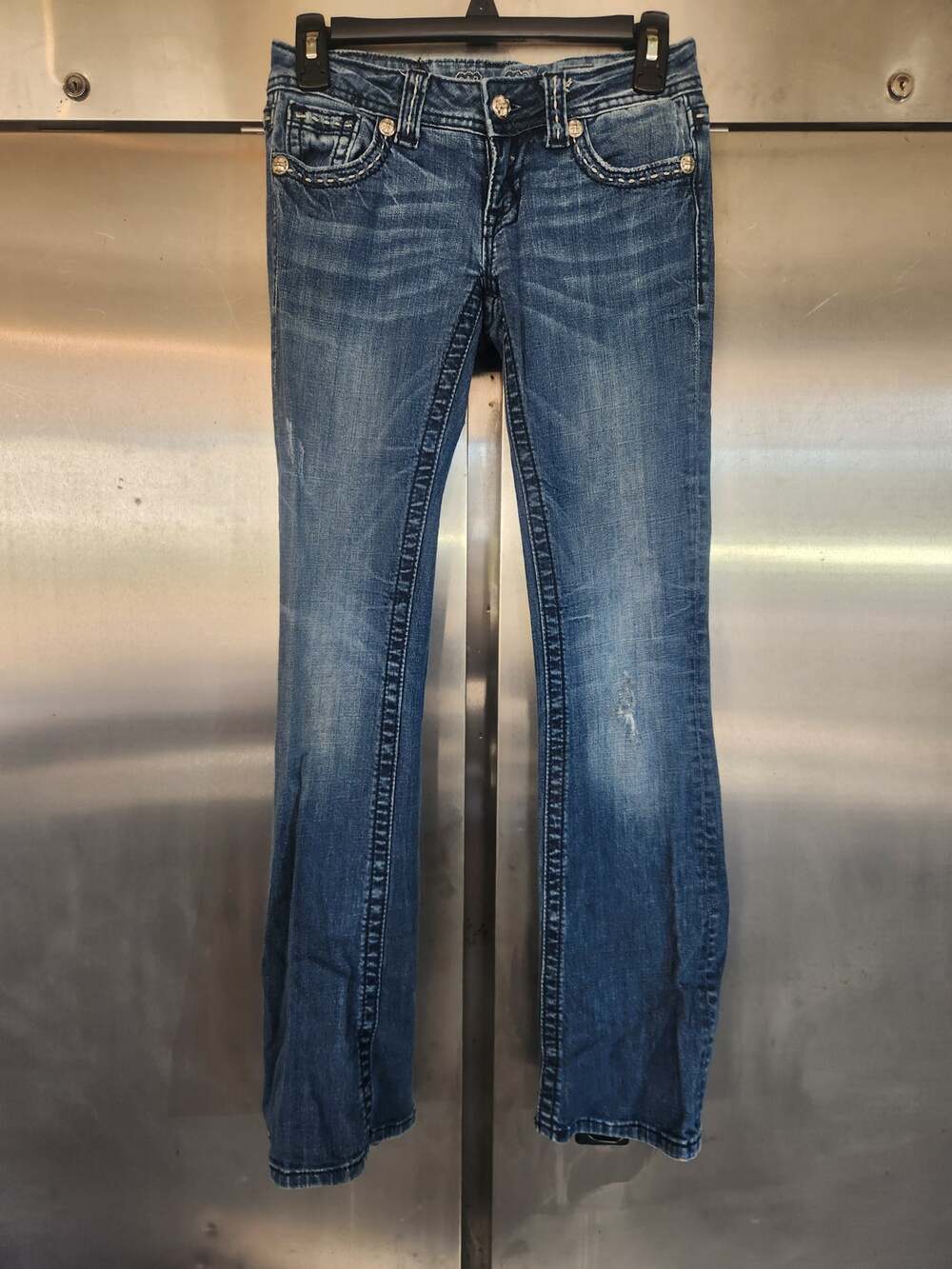 Miss Me Jeans Boot Cut Dark Wash Rhinestone Butterfly Pocket Women's Inseam 32